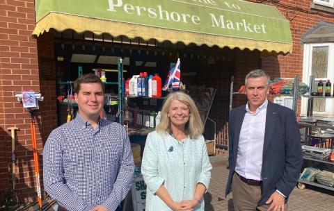 A Pershore’s indoor market: Alex George, Harriett Baldwin MP, Simon Glover
