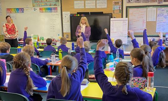 Harriett Baldwin MP answers questions at Sedgeberrow First School